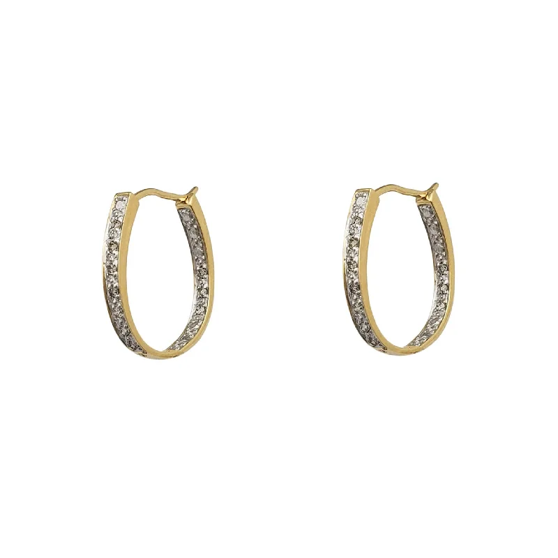 gold earrings for women-Diamond Inside-Out Oval Hoops Earrings (14K)