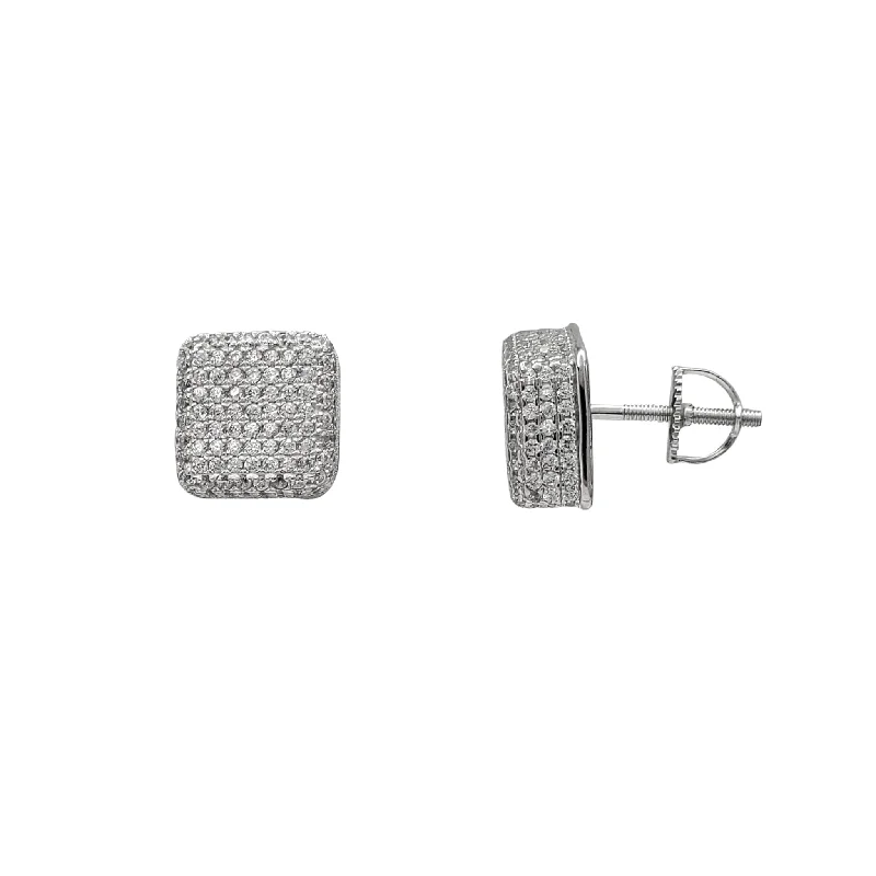 colorful earrings for women-Zirconia Iced-Out Puffy Square Box Stud Earrings (Silver)