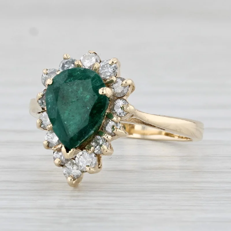 classic solitaire engagement rings for women-1.70ctw Pear Emerald Diamond Halo Ring 14k Yellow Gold Size 6.75