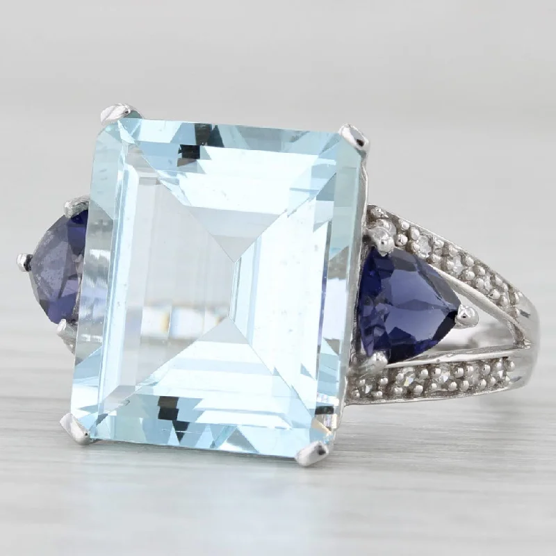 wedding ring and engagement ring sets for women-9.22ctw Aquamarine Iolite Cocktail Ring 14k White Gold Size 8