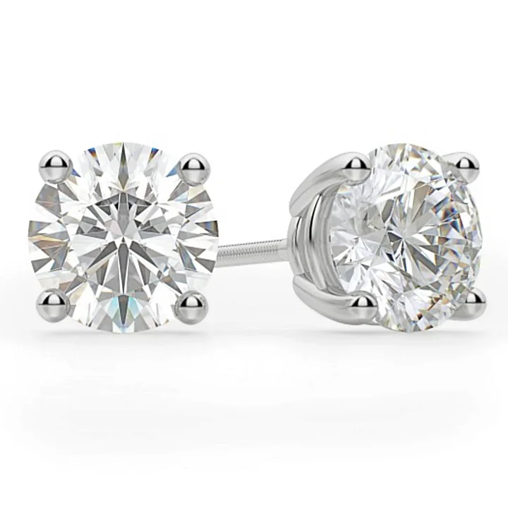 fashion stud earrings for women-14K White Gold Four Prong Round 2.40 CT (TW) SI2 Color J Diamond Stud Earrings.