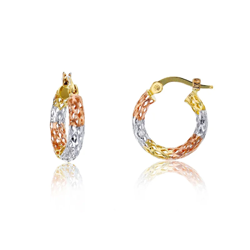 birthday gift earrings for women-Tricolor Filigree Hoop Earrings (14K)