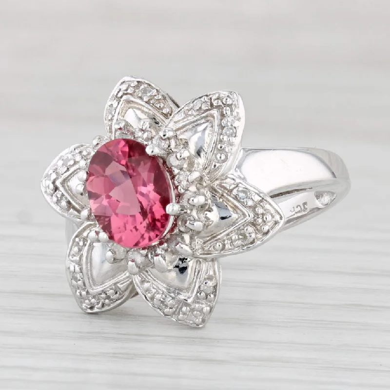 stackable engagement rings for women-1.49ctw Pink Tourmaline Diamond Flower Ring 14k White Gold Size 7.5 Cocktail