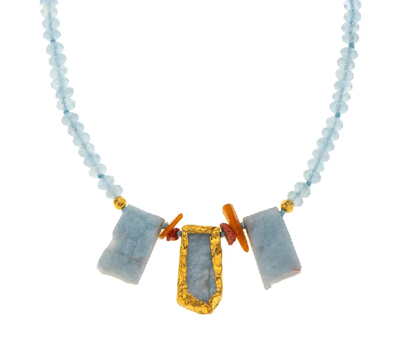 gemstone heart necklaces for women-Nava Zahavi Aquamarine and Coral Yellow Gold Necklace