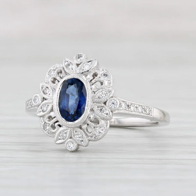 oval engagement rings for women-New Beverley K 0.91ctw Blue Sapphire Diamond Halo Ring Size 6.75 14k White Gold