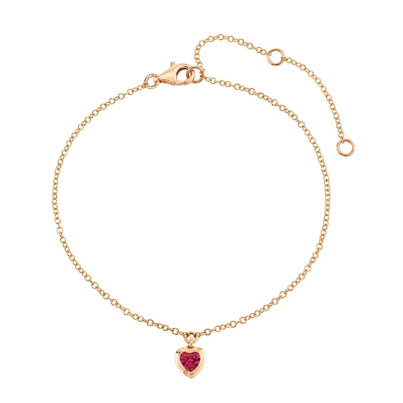 engraved anklets for women-MINI ME RUBY BEZEL HEART DROP ANKLET