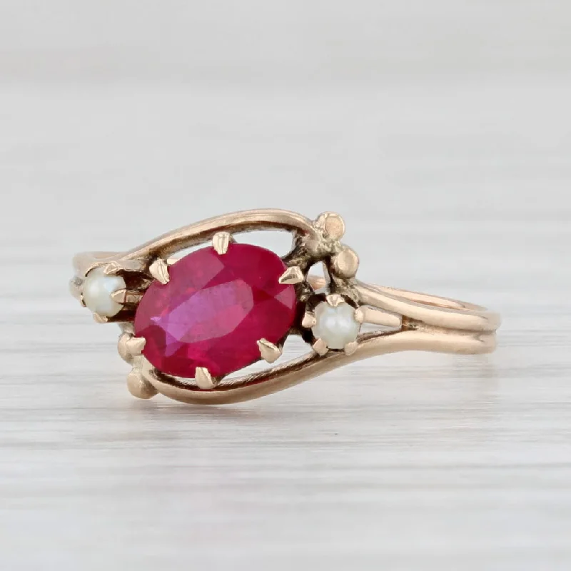 modern diamond engagement rings for women-Vintage Oval Lab Created Ruby Pearl Ring 10k Yellow Gold Size 5.5