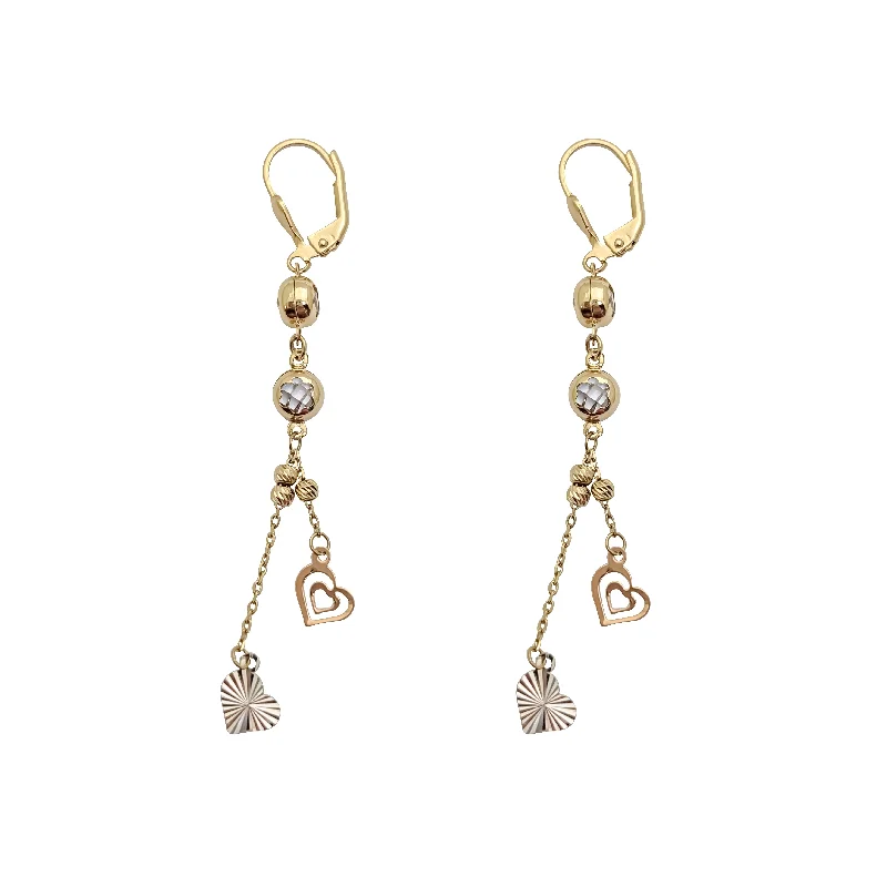 yellow gold earrings for women-Double-Heart Dangling Earring (14K)