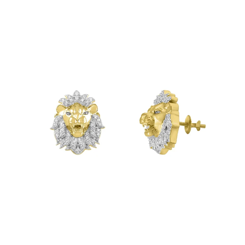 boho earrings for women-Diamond Lion Head Stud Earrings (14K)