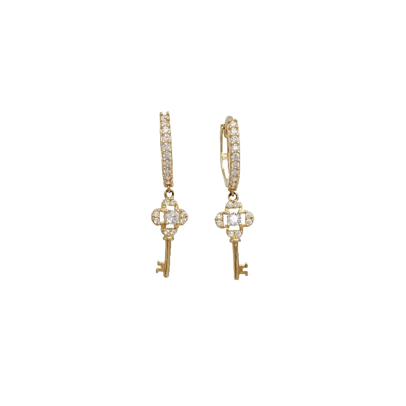 bohemian earrings for women-Hanging Key CZ Huggie Earrings (14K)