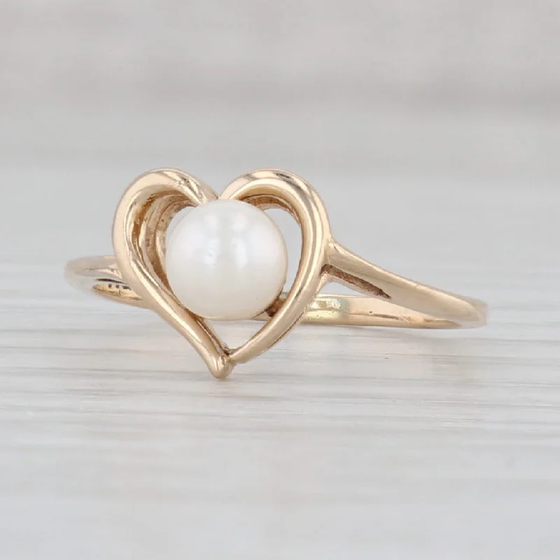 classic solitaire engagement rings for women-Cultured Pearl Solitaire Heart Ring 14k Yellow Gold Size 5 June Birthstone