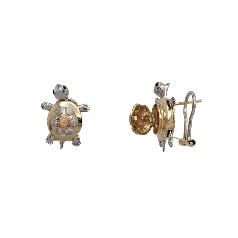 statement earrings for women-Tricolor Motion Turtle Huggie Earrings (14K)