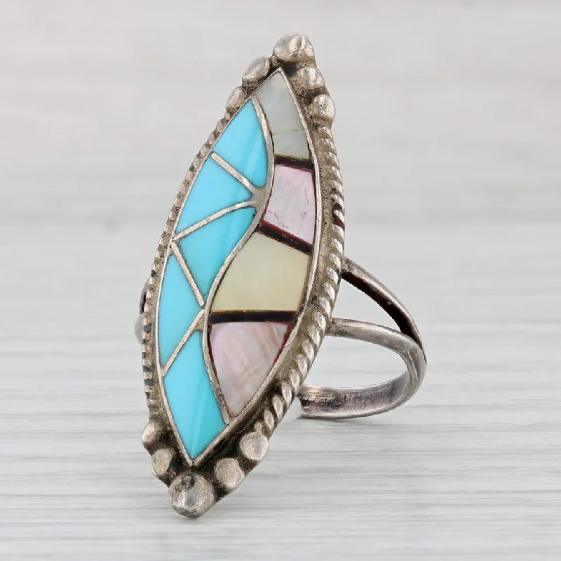 gold diamond engagement rings for women-Native American Turquoise Mother of Pearl Statement Ring Sterling Silver Size 10