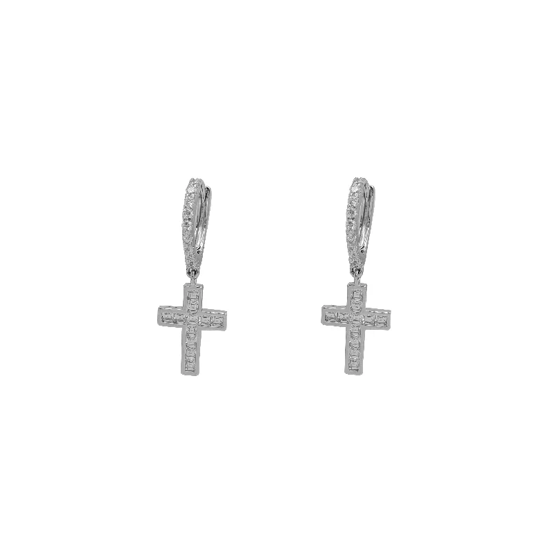 classic hoop earrings for women-Baguette ZC Dangling Cross Earrings (Silver)