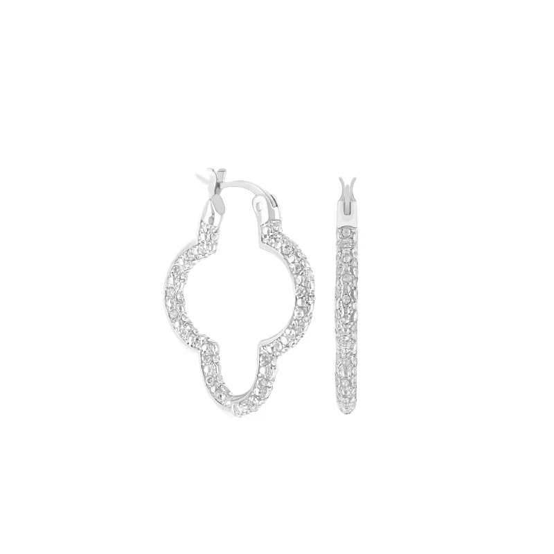 white gold earrings for women-Cubic Zirconia Four-Leaf Clover Hoop (Silver)