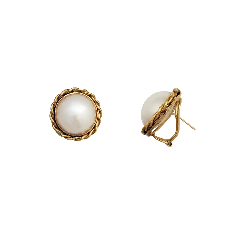 birthday gift earrings for women-Rope Frame Pearl Stud Earrings (14K)