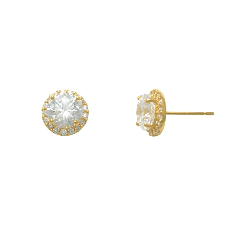 birthday gift earrings for women-[7 mm] Zirconia Halo Round Stud Earrings (14K)