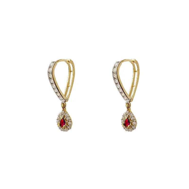 diamond stud earrings for women-Red Stone Pave Teardrop V-Shape Hanging Huggie Earrings (14K)