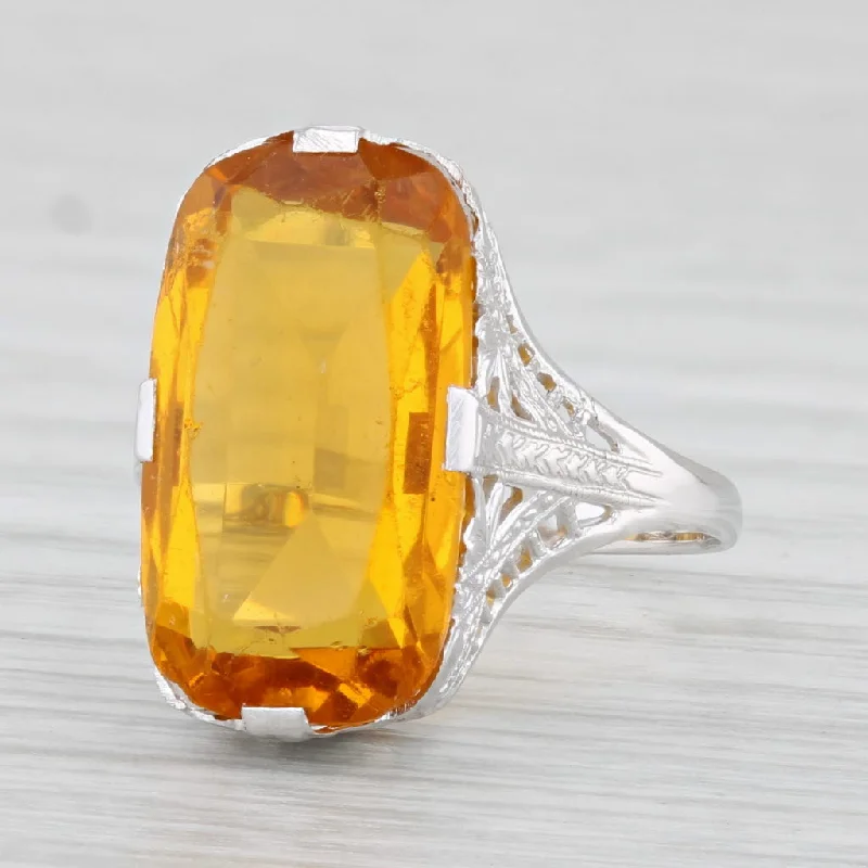 gold engagement rings for women-Orange Yellow Glass Ring Vintage Filigree 14k White Gold Size 6