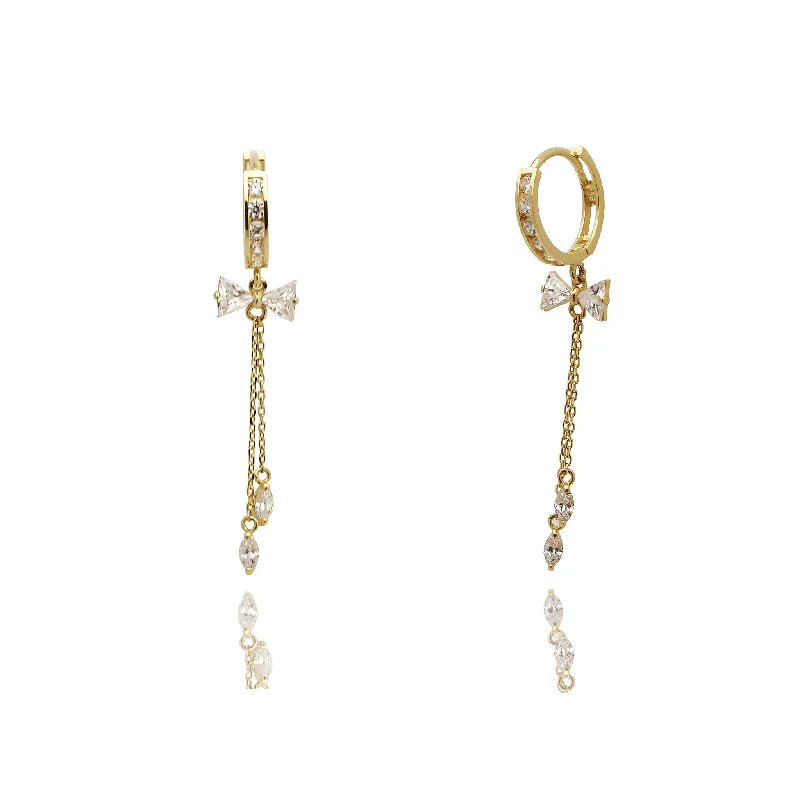 dangling gemstone earrings for women-Hanging Bow Tie CZ Huggie Earrings (14K).