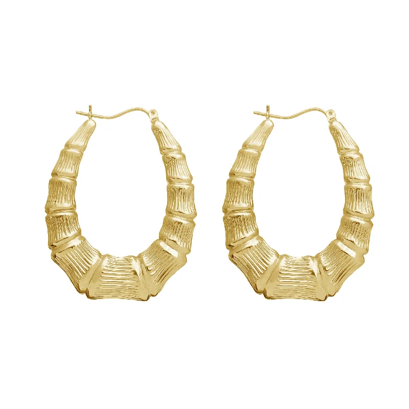 gold-plated earrings for women-Bamboo Oval Hoops Earrings (10K)