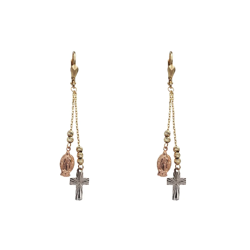 chandelier earrings for women-Tricolor Virgin Mary & Cross Dangling Earrings (14K)