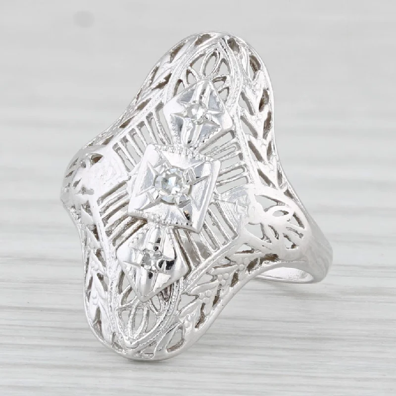 platinum diamond engagement rings for women-Diamond Filigree Ring 10k White Gold Size 4.25 Vintage Art Deco