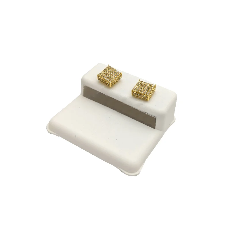 personalized earrings for women-Diamond Iced-Out Square Stud Earrings (14K)