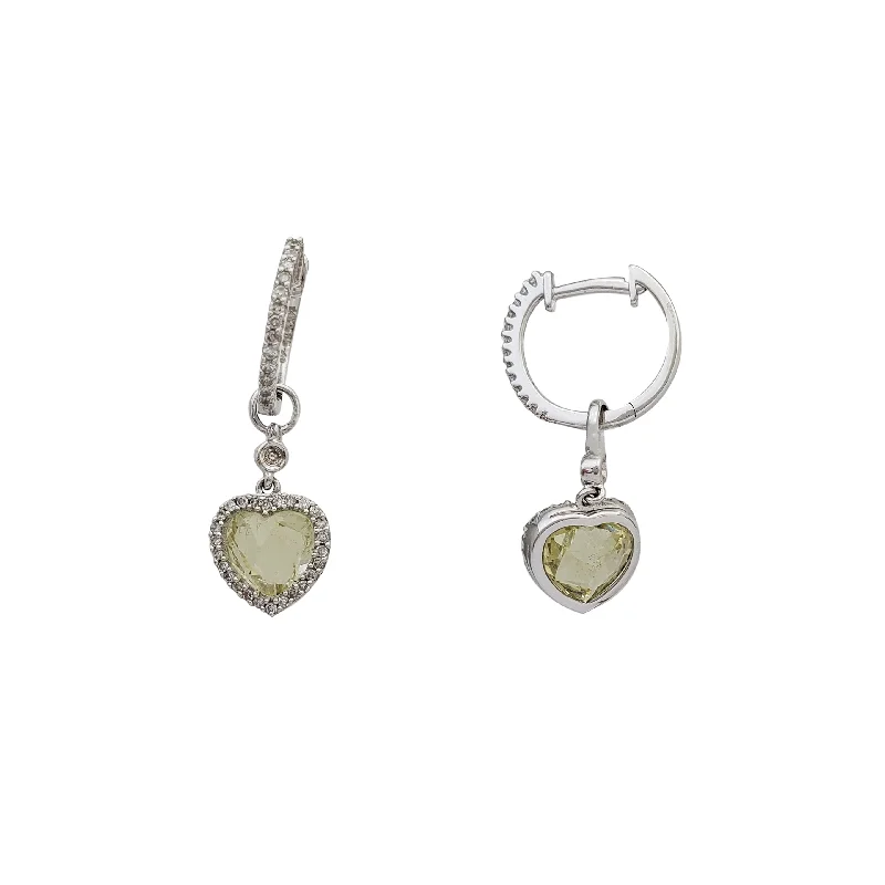 fashion stud earrings for women-Diamond Heart Peridot Charm Huggie Earrings (14K)