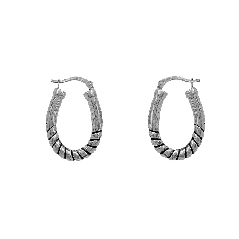 luxury gemstone earrings for women-Antique-Finish Ribbed Oval Shape Hoop Earrings (Silver)