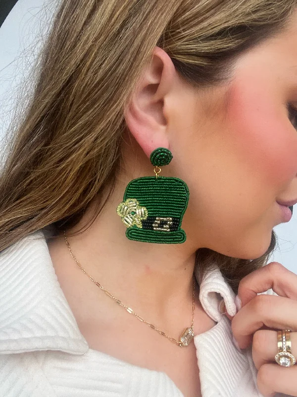 crystal heart earrings for women-Lucky Leprechaun Hat Earrings