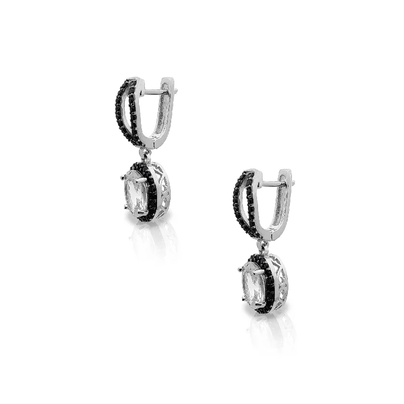 silver stud earrings for women-Oval Stone Black Halo Drop Earrings (Silver)