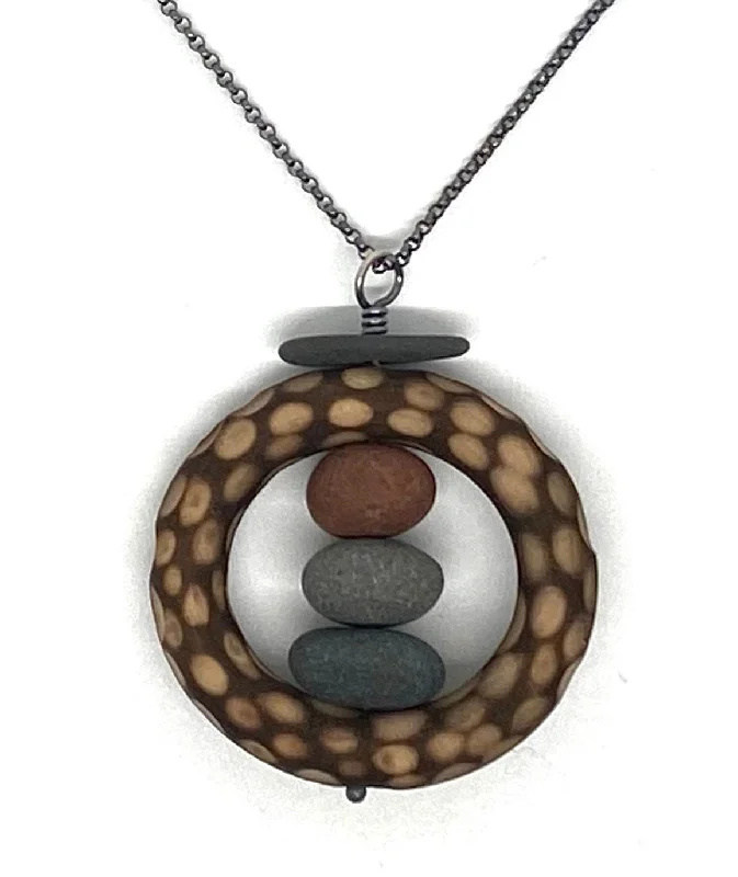 unique necklaces for women-Rocks stacked in wood circle necklace