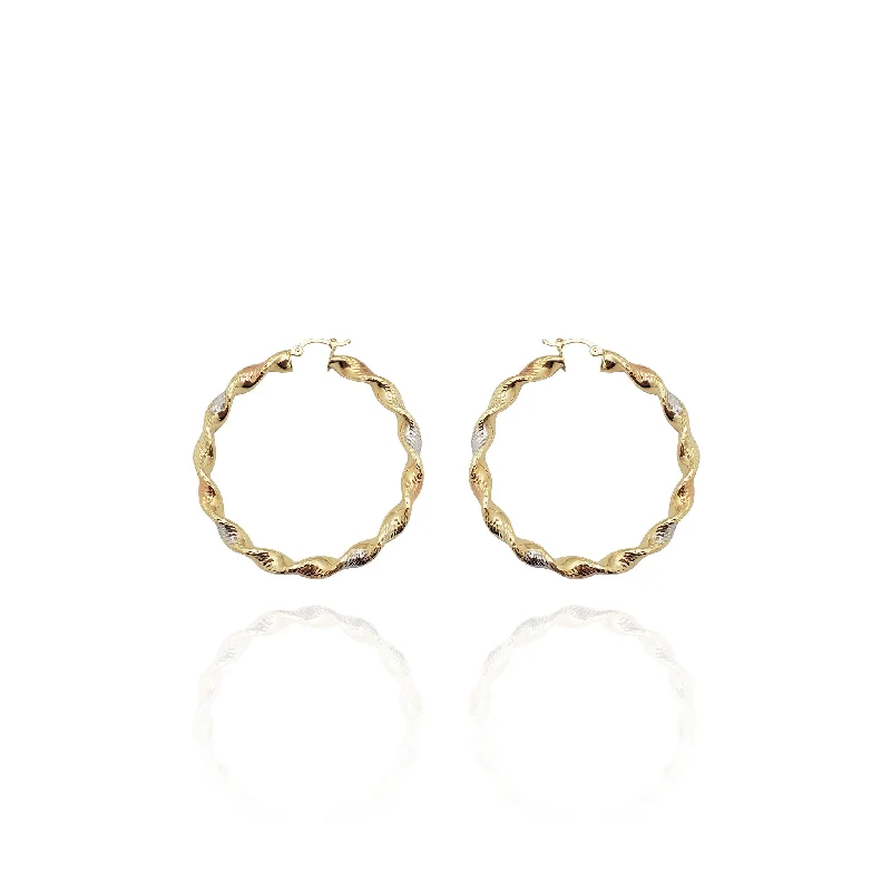 birthday gift earrings for women-Tri-Color Twisted Hoop Earrings (14K)