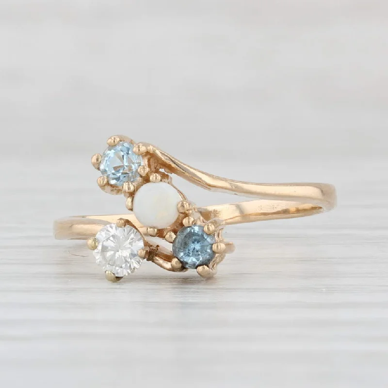 engagement rings with birthstones for women-Opal Diamond Aquamarine Cluster Ring 14k Yellow Gold Size 7.5