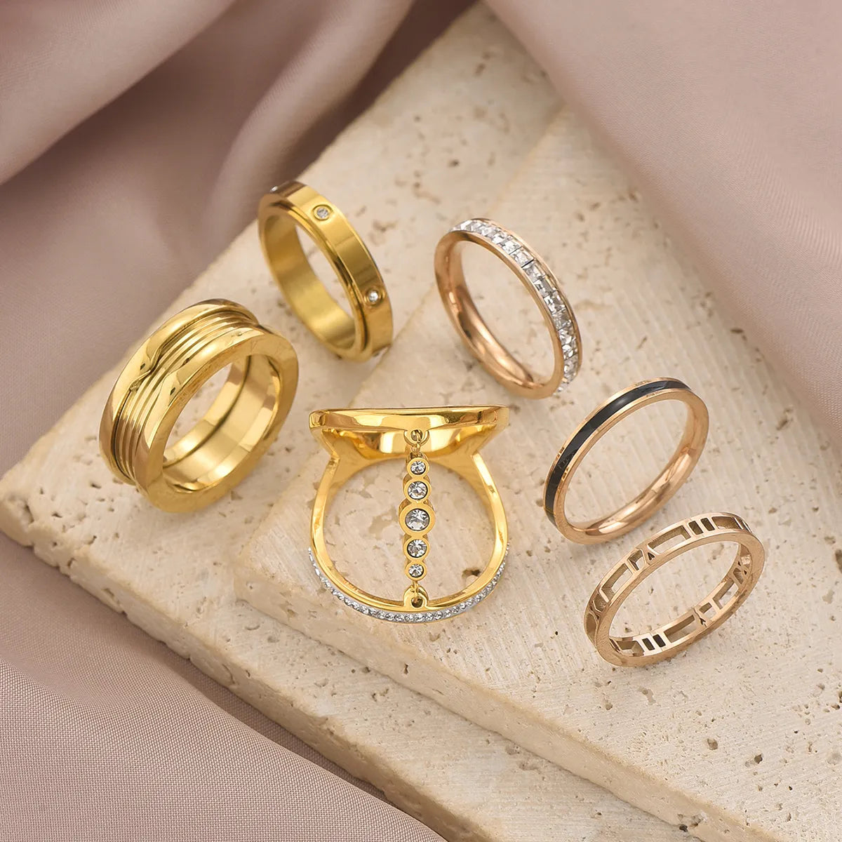 silver rings for women-Ig Style Roman Style Shiny Solid Color Roman Numeral Stainless Steel Enamel Plating Inlay Zircon 14k Gold Plated Rose Gold Plated Rings