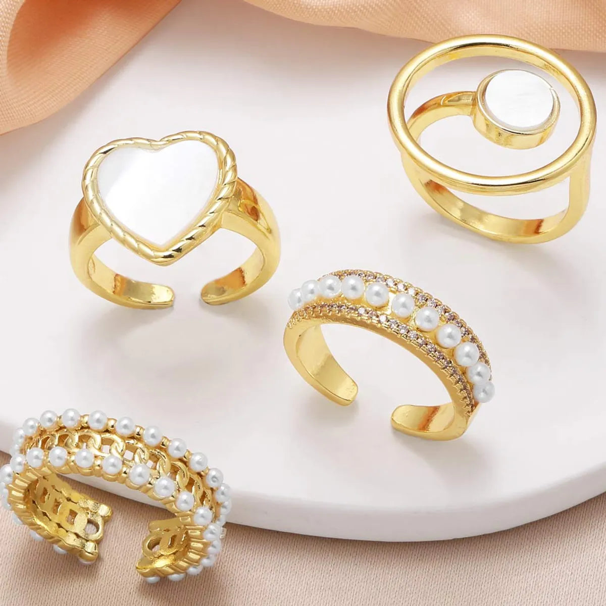 platinum rings for women-Copper 18K Gold Plated Inlay Geometric Heart Shape Pearl Zircon Open Rings