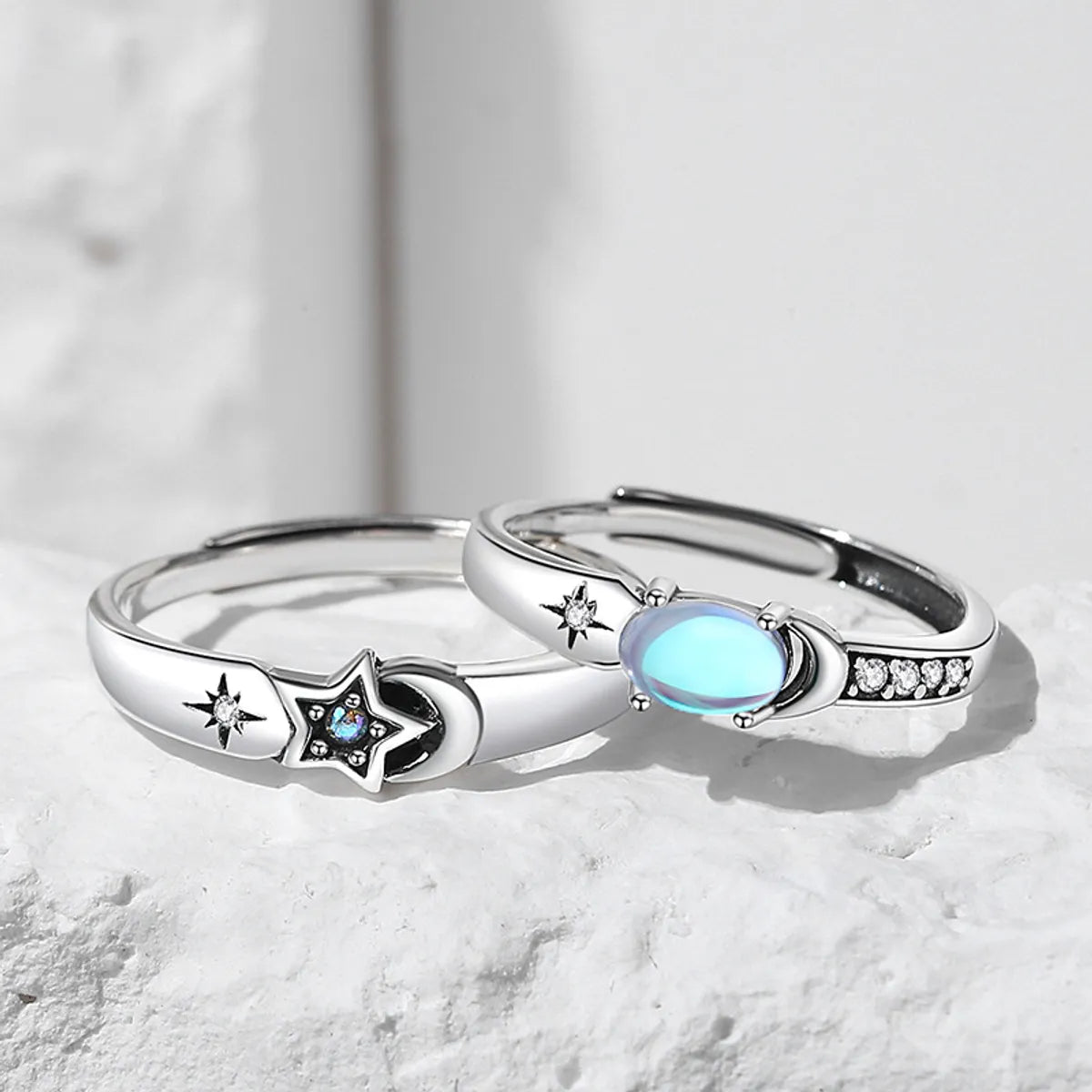 moonstone gemstone rings for women-Classic Style Star Sterling Silver Plating Inlay Moonstone Open Rings