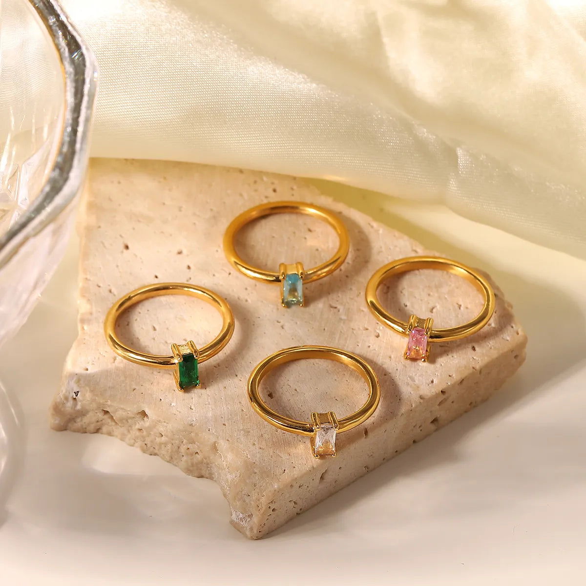 oversized rings for women-Stainless Steel Fashion Gold White Rectangular Zircon Exquisite Ring