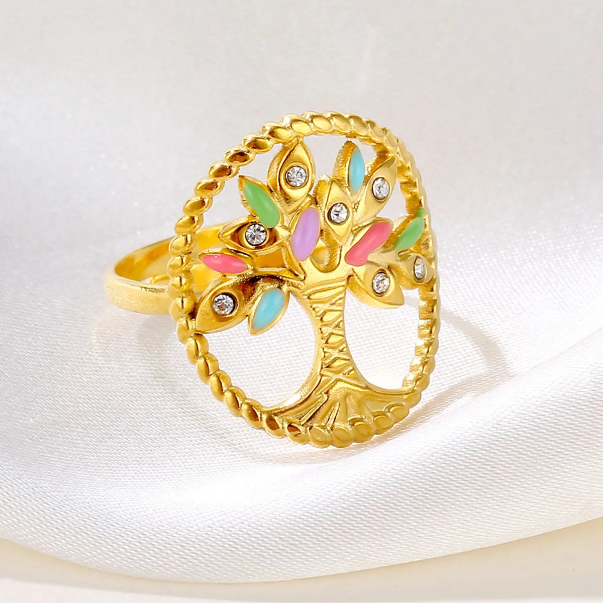 statement rings for women-Retro Tree Stainless Steel Plating Inlay Zircon 18k Gold Plated Open Rings