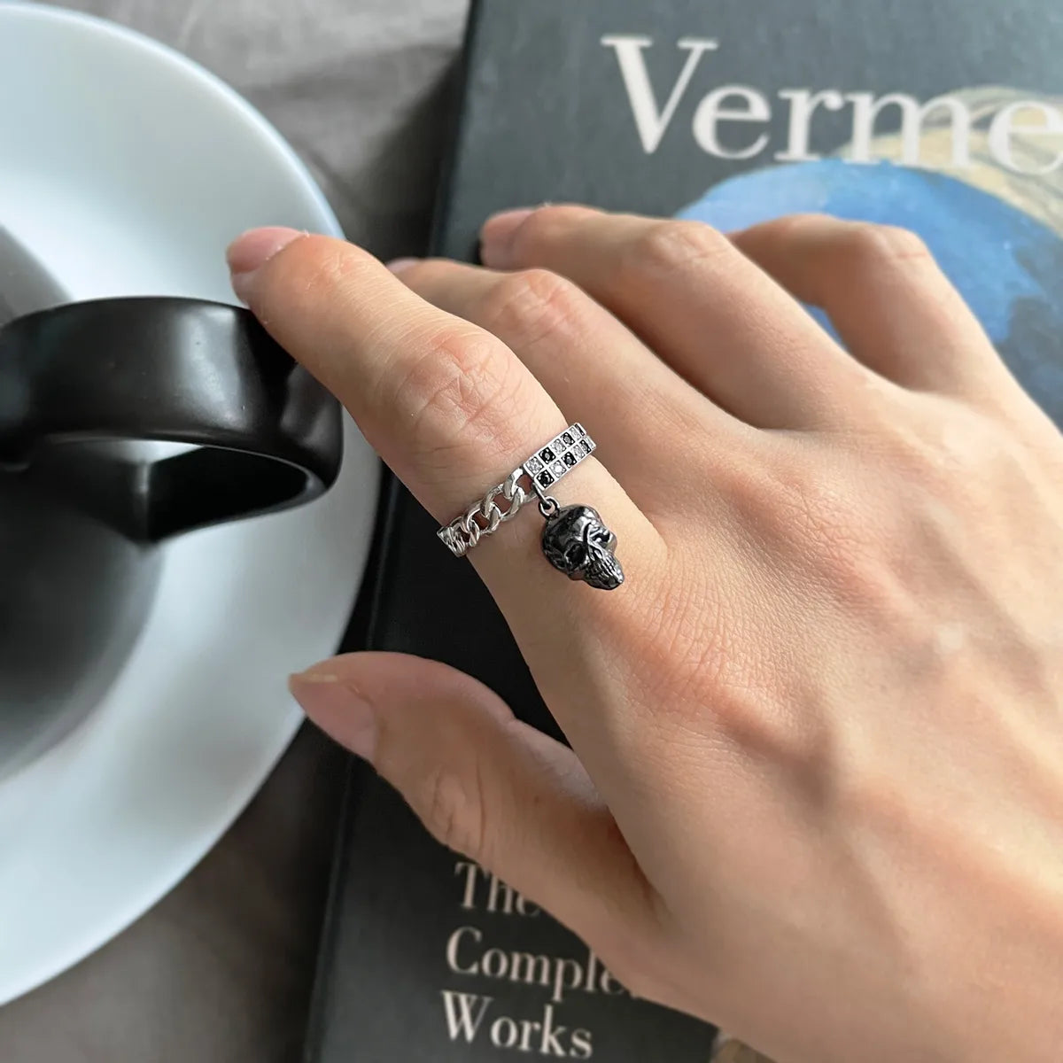 flower design rings for women-Hip-Hop Retro Skull Sterling Silver Inlay Gem Men'S Rings