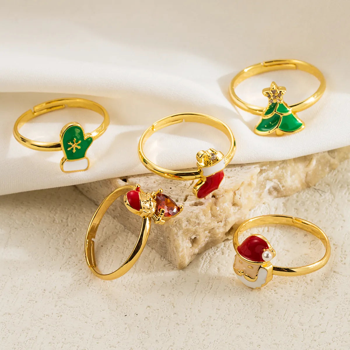 gold rings for women-Cute Santa Claus Bell Deer Copper 14k Gold Plated Zircon Open Rings In Bulk