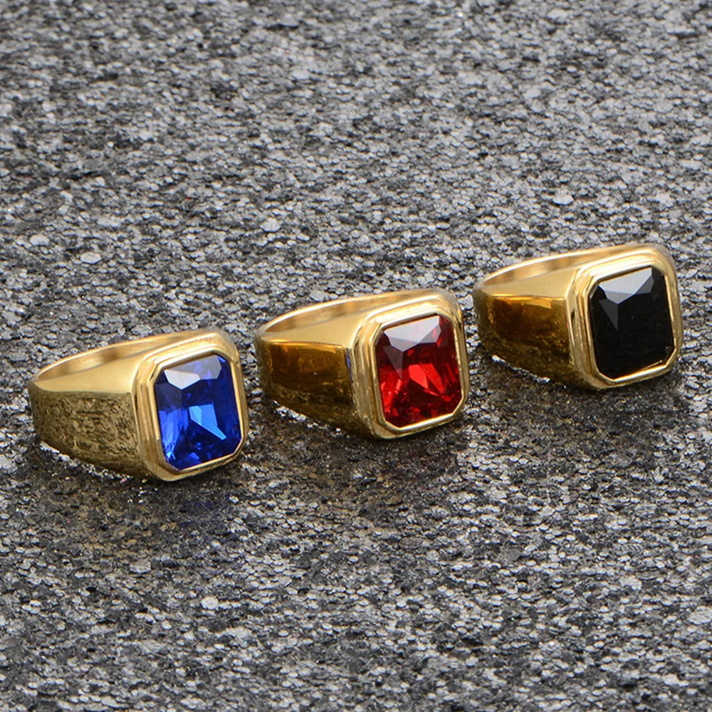 fashion rings for women-Retro Square Titanium Steel Inlay Gem Glass Stone 18K Gold Plated Men'S Rings