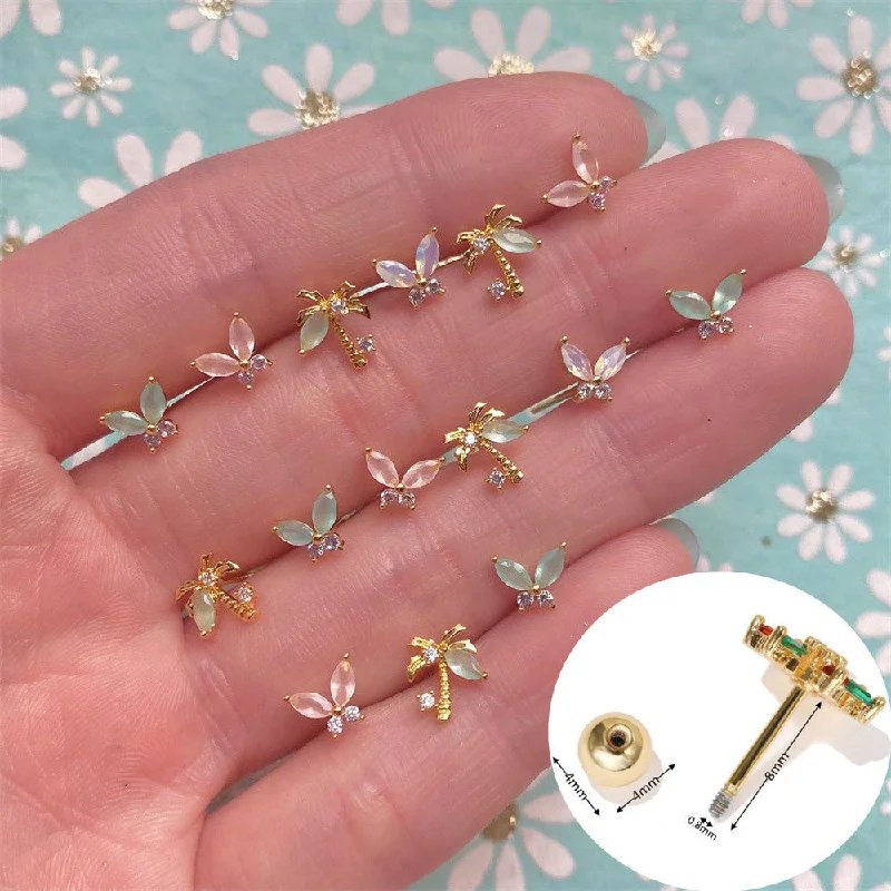 oval diamond rings for women-Butterfly Coconut Tree Ear Bone Stud Stainless Steel Rod Piercing Twist Ball Earring Summer Beach Style Ear Studs