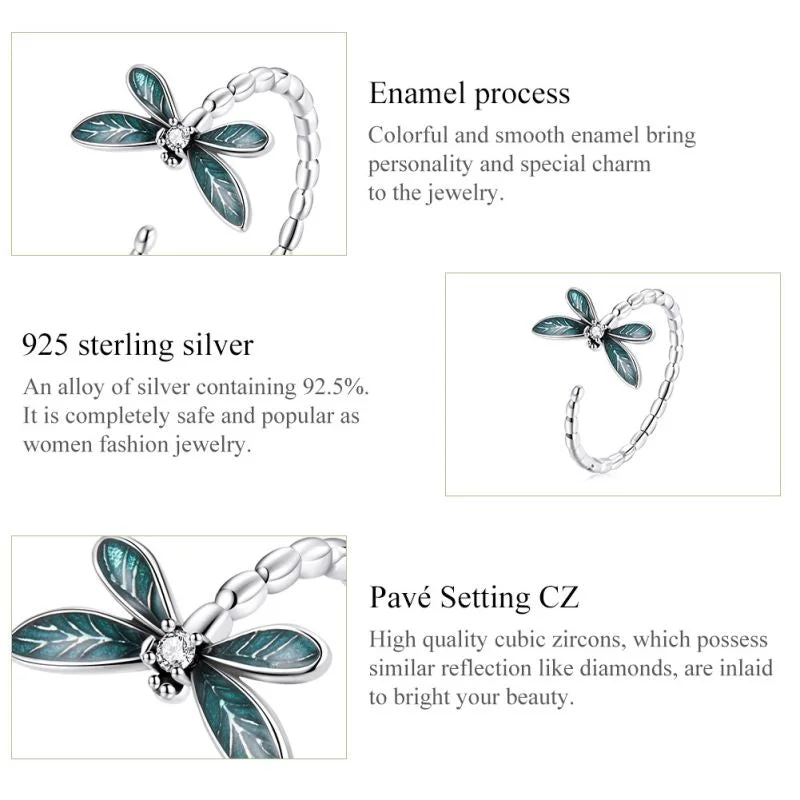 adjustable birthstone rings for women-Vacation Dragonfly Sterling Silver Inlay Zircon Open Rings