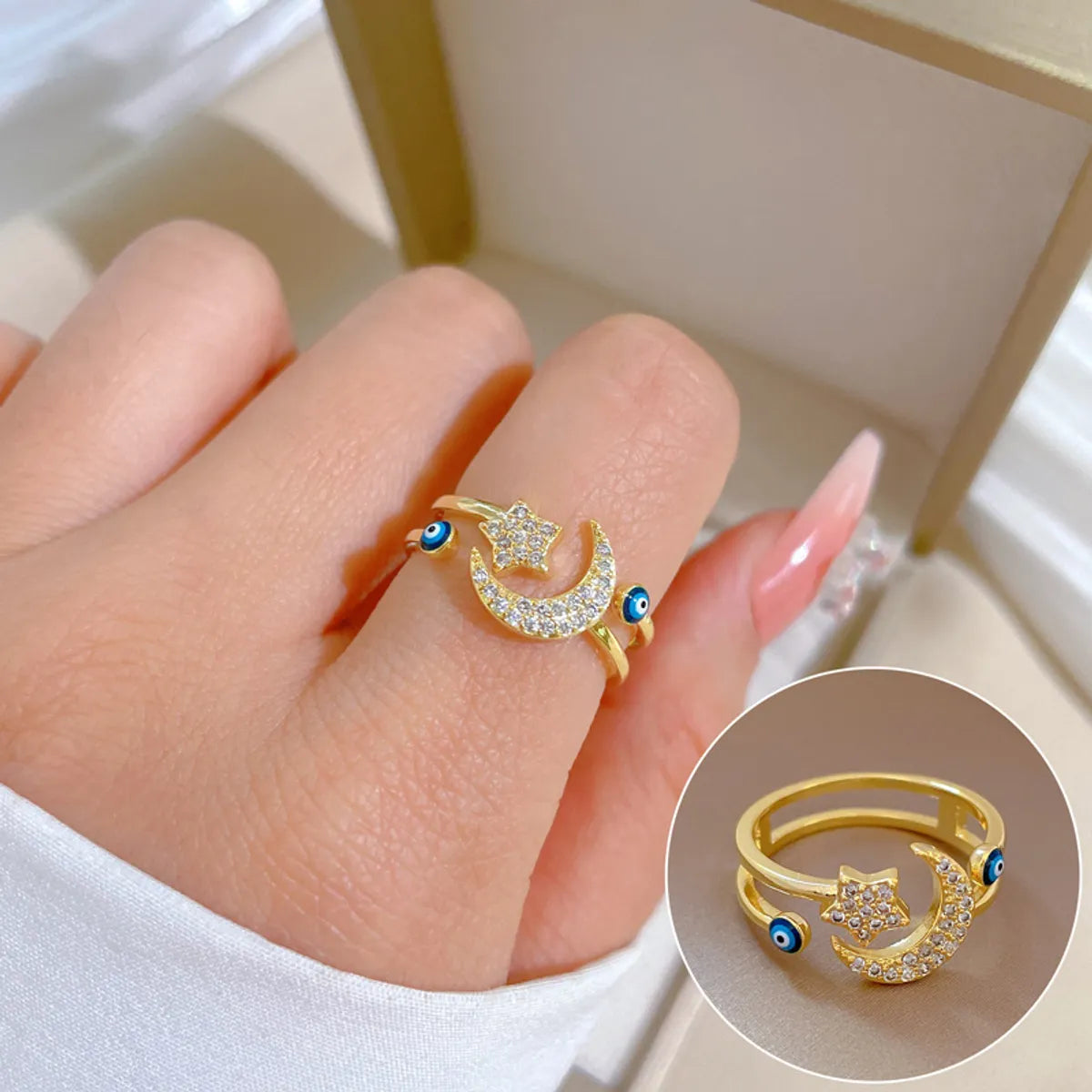 personalized rings for women-Fashion Star Moon Brass Plating Zircon Open Ring