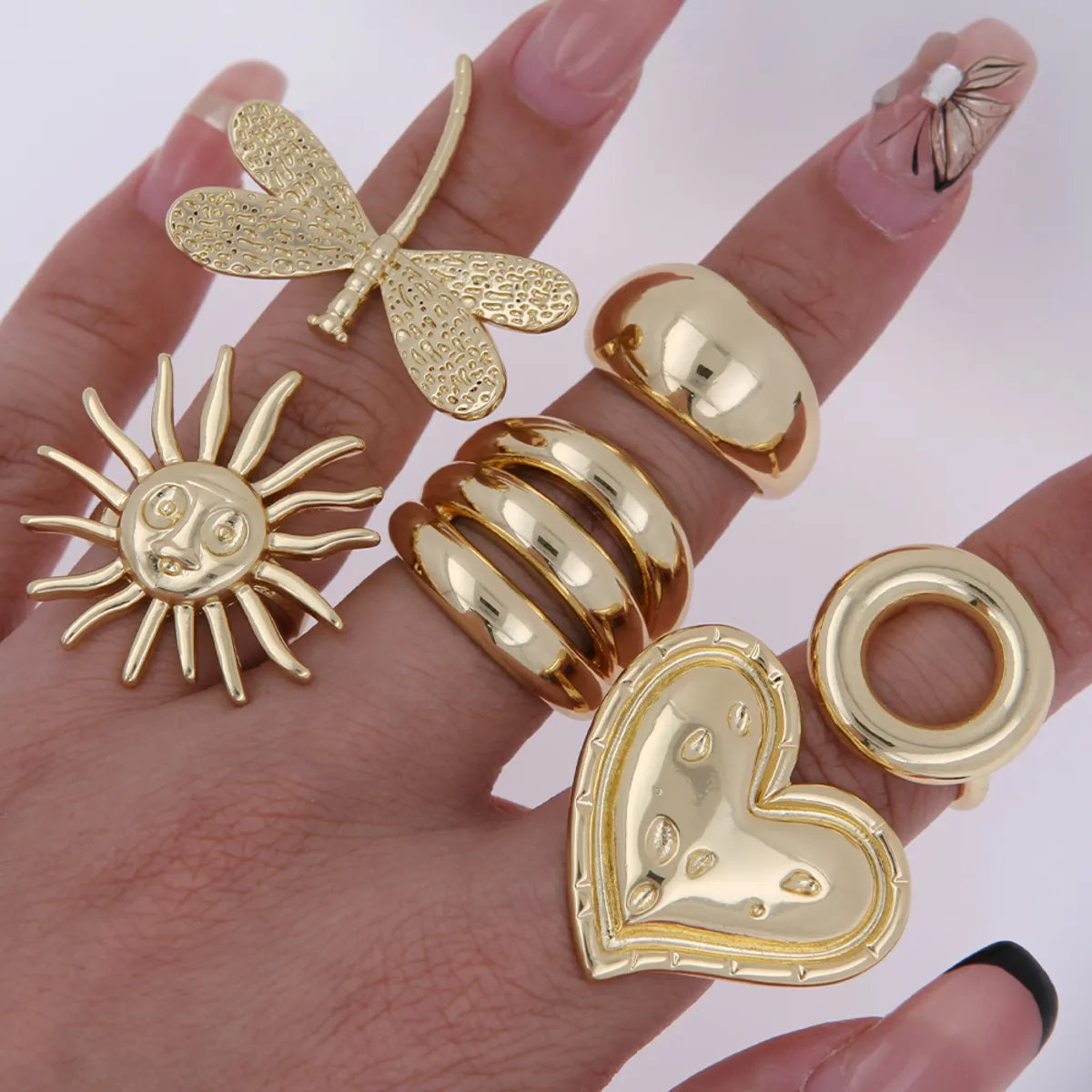 adjustable gemstone rings for women-Copper 18K Gold Plated Plating Sun Heart Shape Dragonfly Open Rings