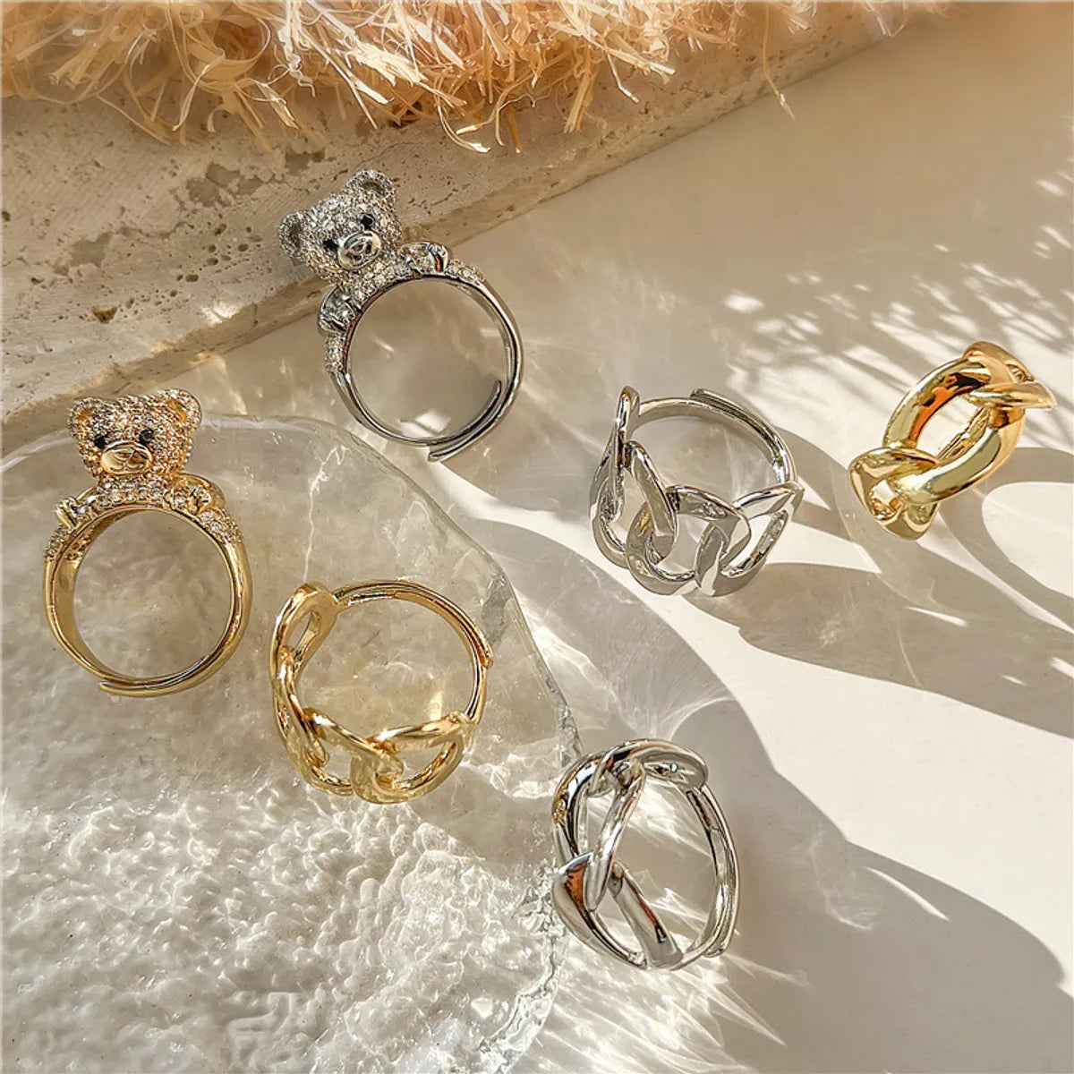 opal rings for women-Casual Cute Vintage Style Bear Copper Plating Hollow Out Inlay Zircon 18k Gold Plated Open Rings