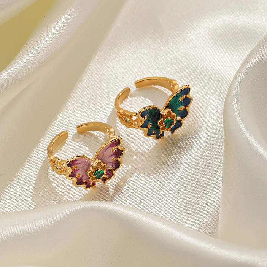 rings for women with diamonds-Wholesale Vacation Butterfly Copper Enamel Inlay 18K Gold Plated Zircon Open Rings