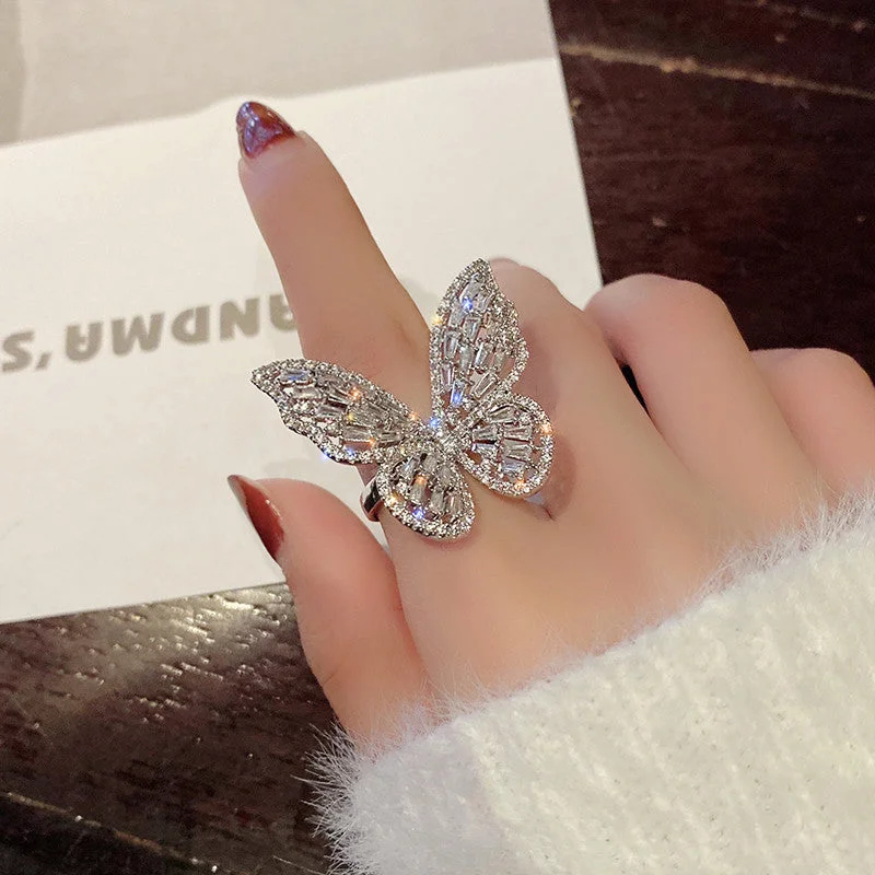 fashion rings for women-Luxurious Butterfly Alloy Inlay Zircon Open Ring